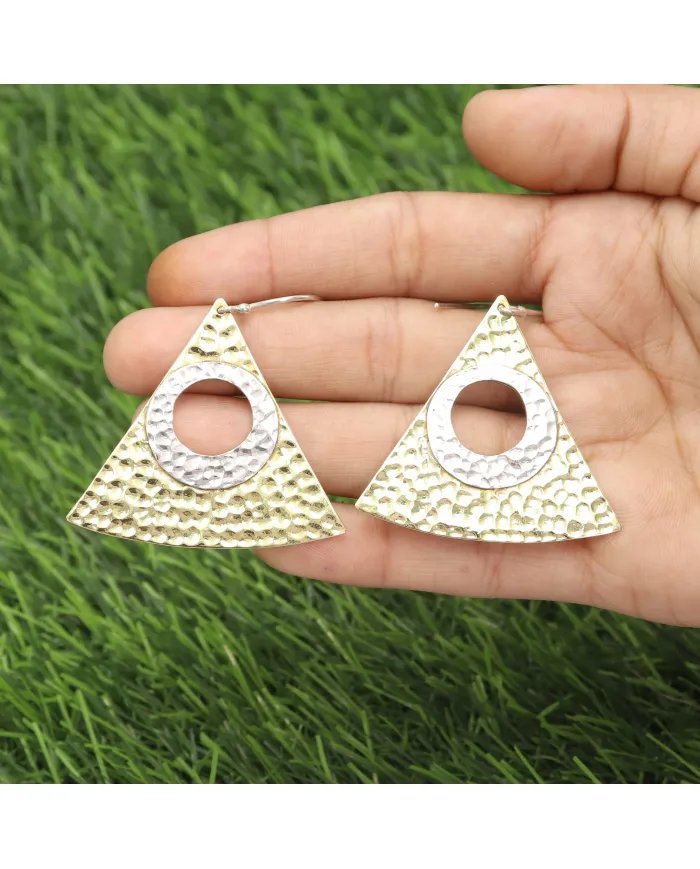 Women's Two-Tone Dangle Earrings Silver & Brass with Textured Finish Jewelry