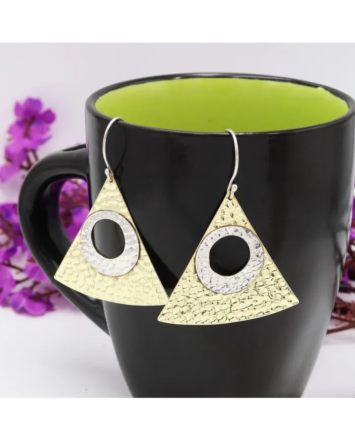 Women's Two-Tone Dangle Earrings Silver & Brass with Textured Finish Jewelry