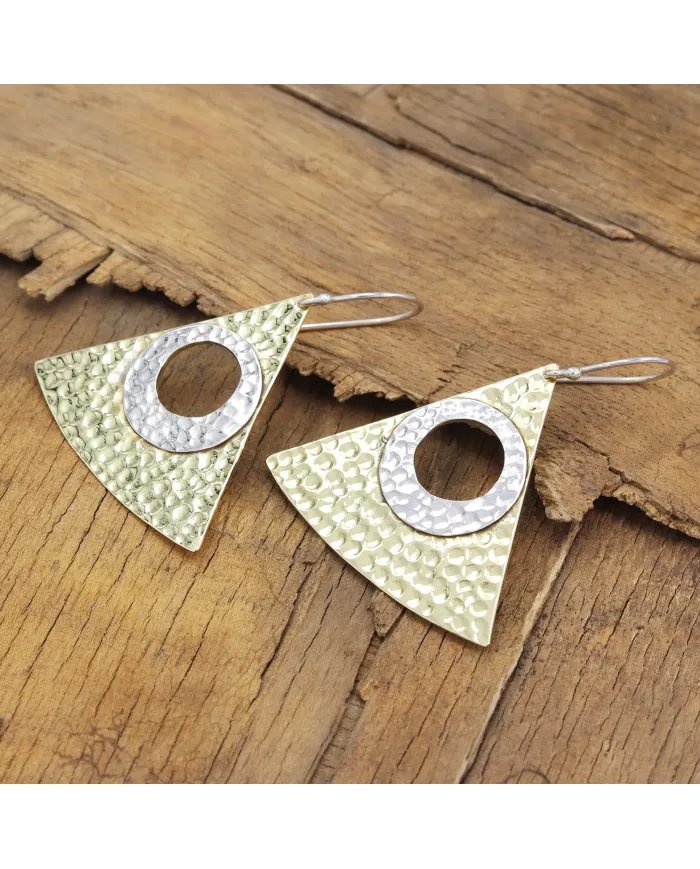 Women's Two-Tone Dangle Earrings Silver & Brass with Textured Finish Jewelry