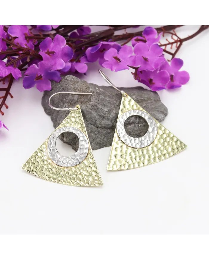 Women's Two-Tone Dangle Earrings Silver & Brass with Textured Finish Jewelry