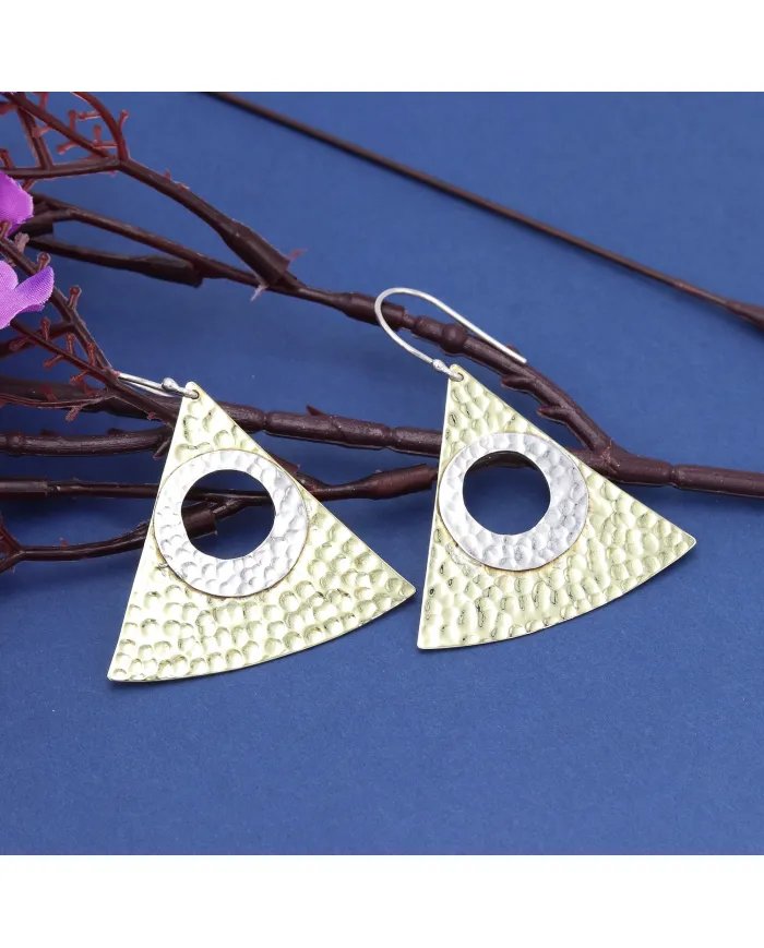 Women's Two-Tone Dangle Earrings Silver & Brass with Textured Finish Jewelry