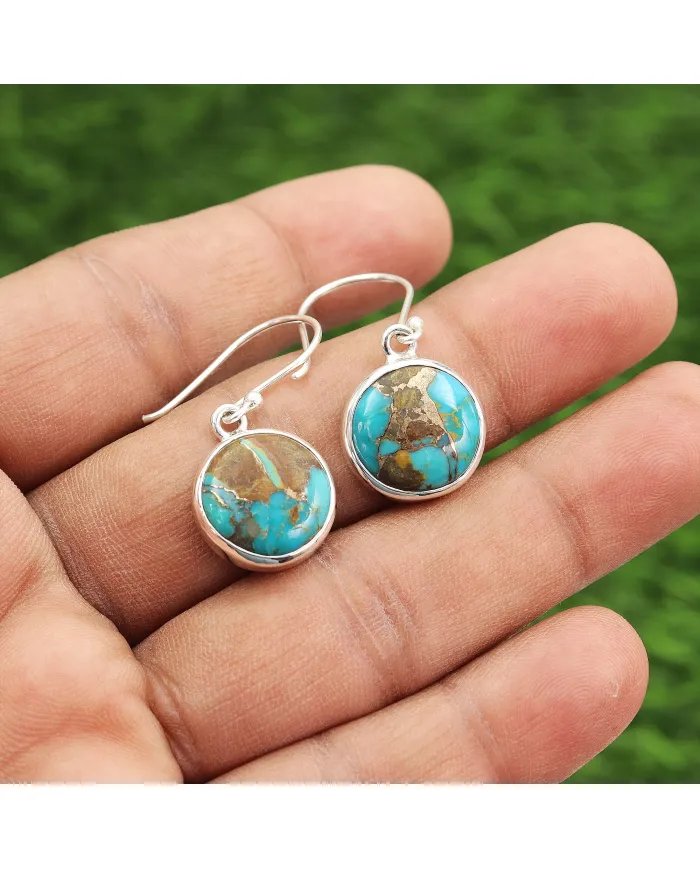 Boulder Turquoise Earrings in 925 Sterling Silver – Round Gemstone Jewelry