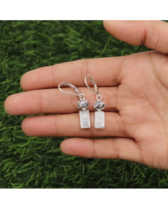 Meteorite Earrings - 925 Sterling Silver Raw Gemstone Handmade Jewelry