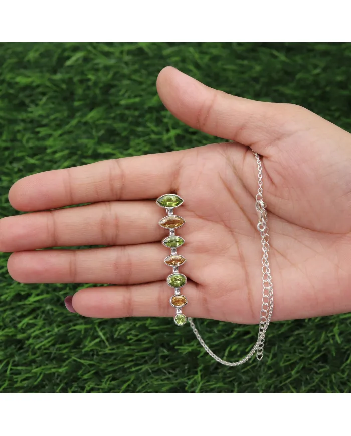 Peridot & Citrine Pendant - 925 Sterling Silver Handmade Chain Jewelry