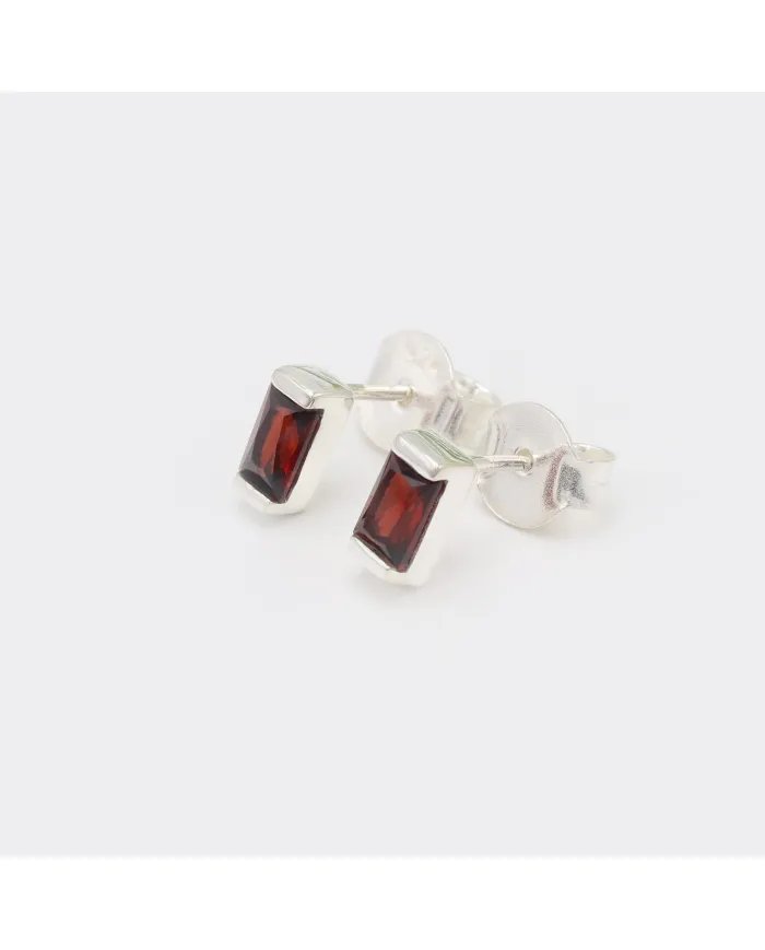 Garnet Stud Earrings in 925 Sterling Silver -Handmade Minimalist Jewelry