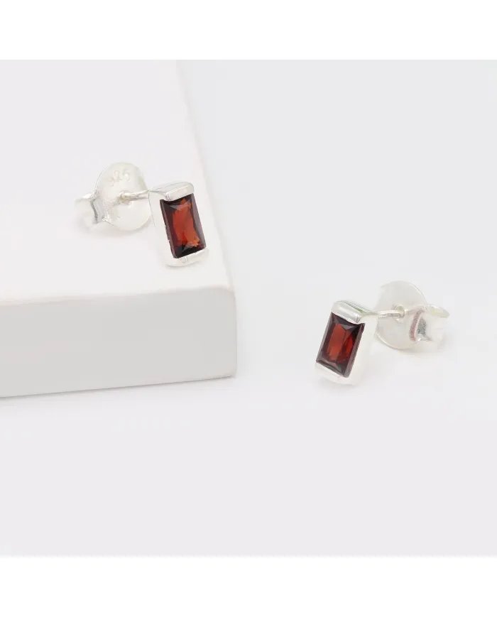 Garnet Stud Earrings in 925 Sterling Silver -Handmade Minimalist Jewelry