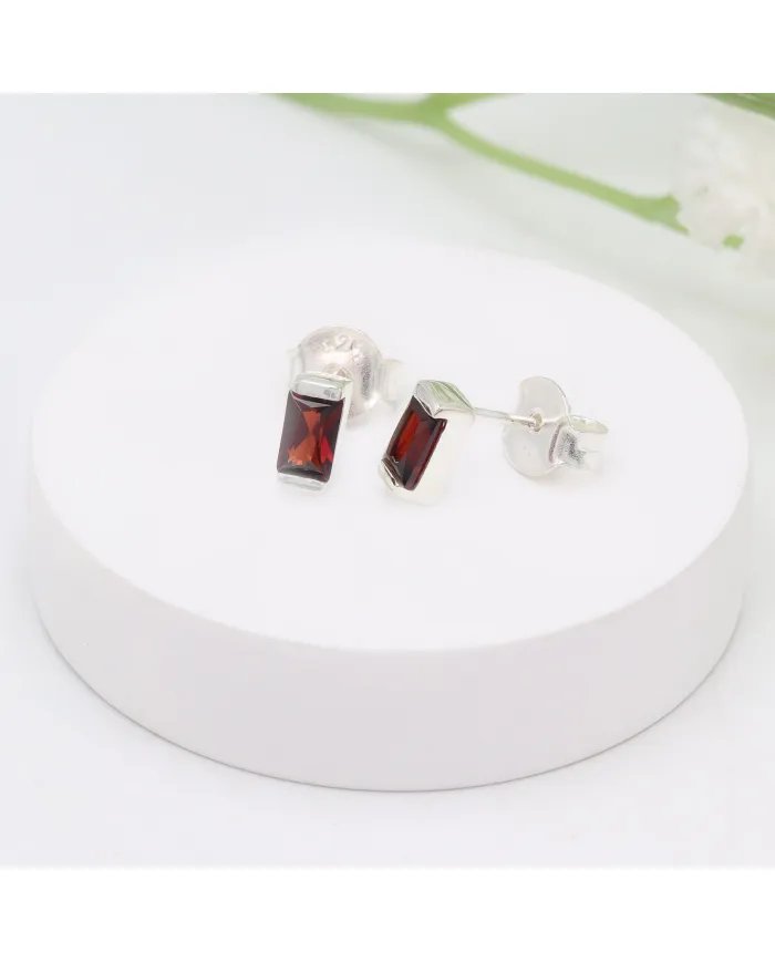 Garnet Stud Earrings in 925 Sterling Silver -Handmade Minimalist Jewelry