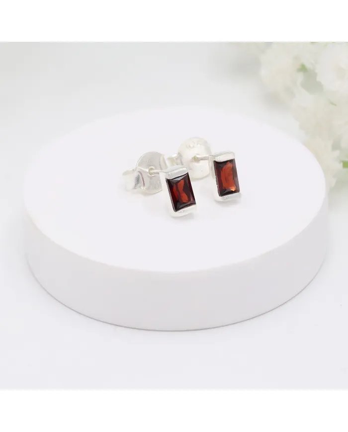 Garnet Stud Earrings in 925 Sterling Silver -Handmade Minimalist Jewelry