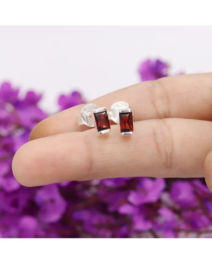 Garnet Stud Earrings in 925 Sterling Silver -Handmade Minimalist Jewelry