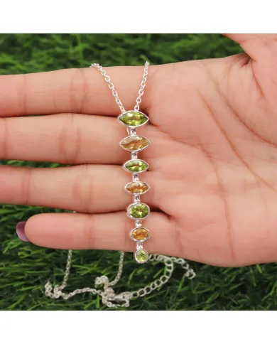 Peridot & Citrine Pendant - 925 Sterling Silver Handmade Chain Jewelry