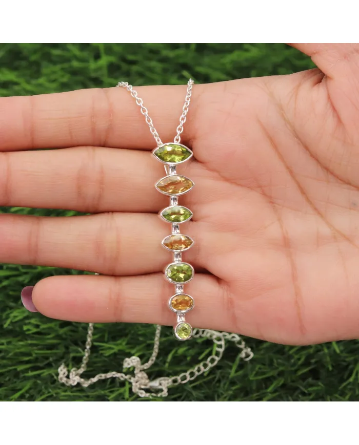 Peridot & Citrine Pendant - 925 Sterling Silver Handmade Chain Jewelry