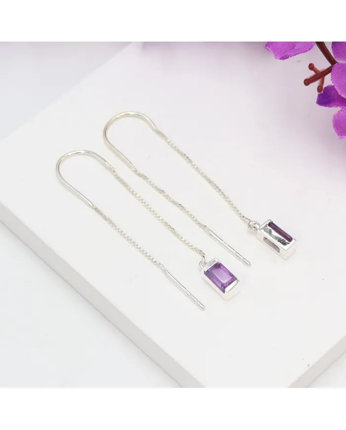 Amethyst Dangle Earrings - Box Chain 925 Sterling Silver Jewelry