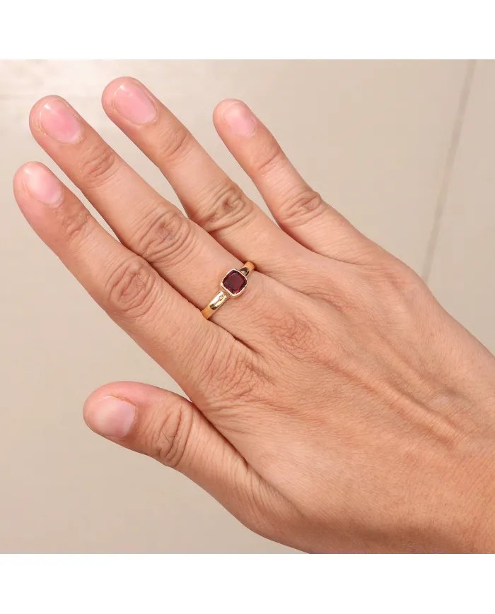 Natural Garnet Ring - Sterling Silver with Gold Plated Ring Handmade Ring Cushion Shape Dainty Ring