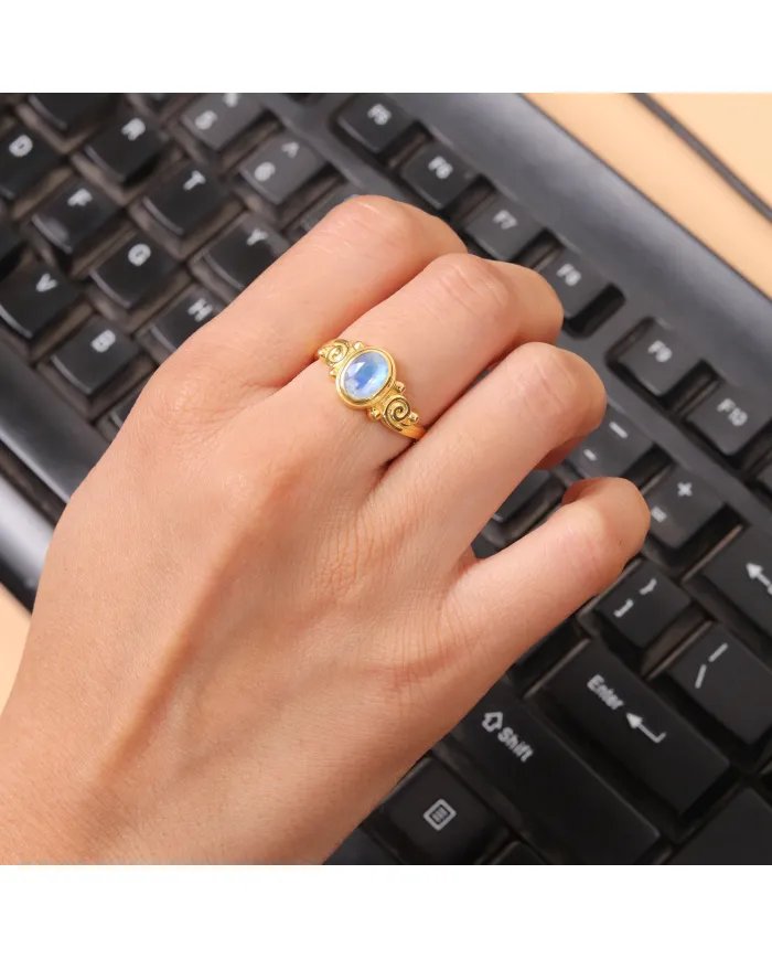 Handmade Rainbow Moonstone Ring - Gold Plated Sterling Silver Statement Gemstone Jewelry for Women