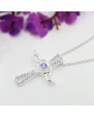 Tanzanite & Swarovski Crystal Angel Wings Cross Pendant – 925 Silver Jewelry