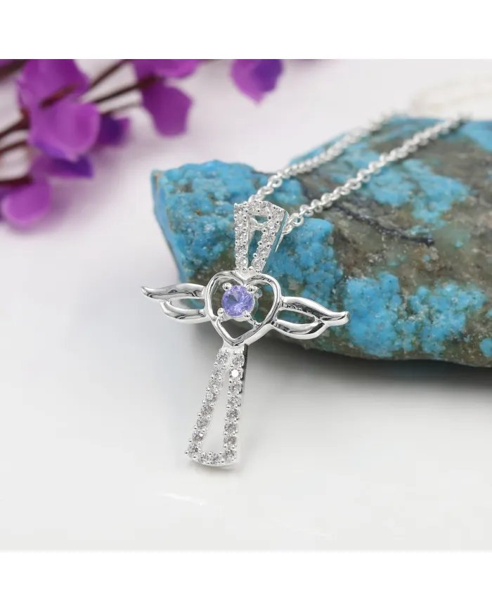 Tanzanite & Swarovski Crystal Angel Wings Cross Pendant – 925 Silver Jewelry
