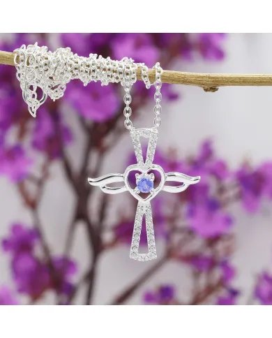 Tanzanite & Swarovski Crystal Angel Wings Cross Pendant – 925 Silver Jewelry