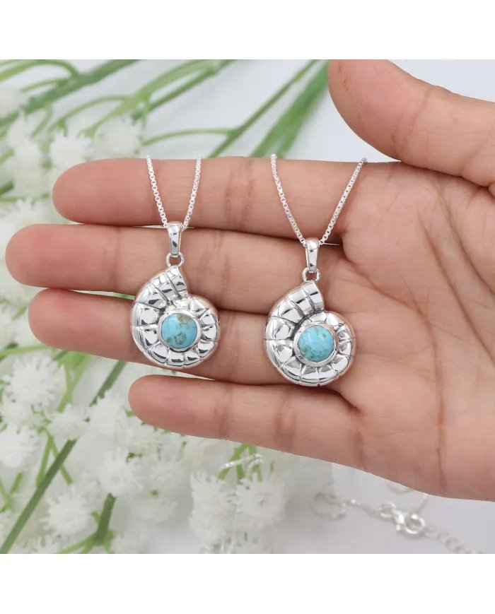 Arizona Turquoise Spiral Shell Pendant – 925 Sterling Silver Gemstone Jewelry