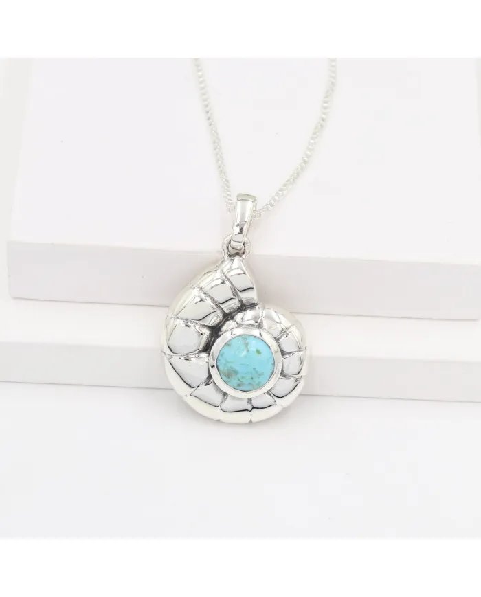 Arizona Turquoise Spiral Shell Pendant – 925 Sterling Silver Gemstone Jewelry