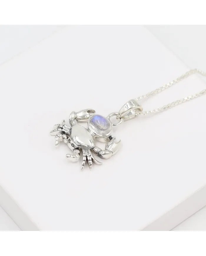 Rainbow Moonstone Crab Pendant - 925 Sterling Silver Jewelry