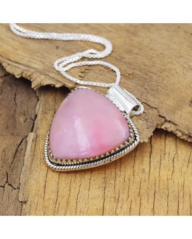 Pink Opal Pendant - 925 Sterling Silver Statement Bohemian Necklace
