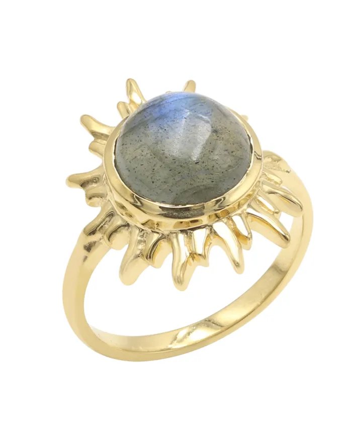Natural Labradorite Sunburst Ring - Gold Plated 925 Silver Jewelry
