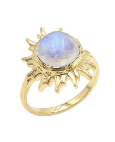 Rainbow Moonstone Ring - Sterling Silver Gold Plated  Handmade Sun Design Ring for Women
