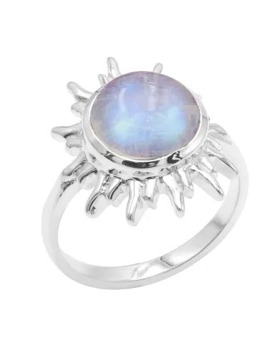 Rainbow Moonstone Ring - Sterling Silver Handmade Sun Design Ring for Women