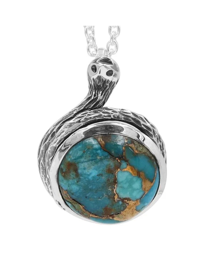 Natural Blue Copper Turquoise Pendant - Sterling Silver Handmade Snake Unisex Pendant