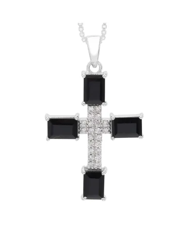 925 Silver Black Onyx & Swarovski Crystal Cross Pendant Necklace