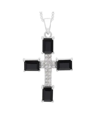 Black Onyx & Swarovski Crystal Cross Pendant - 925 Sterling Silver Jewelry