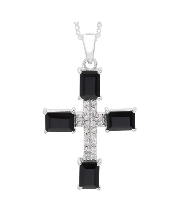 925 Silver Black Onyx & Swarovski Crystal Cross Pendant Necklace
