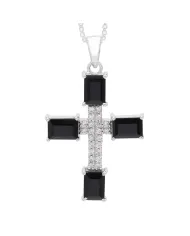 925 Silver Black Onyx & Swarovski Crystal Cross Pendant Necklace