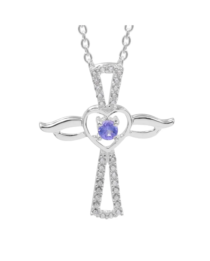 925 Silver Tanzanite & Swarovski Crystal Angel Wings Cross Pendant