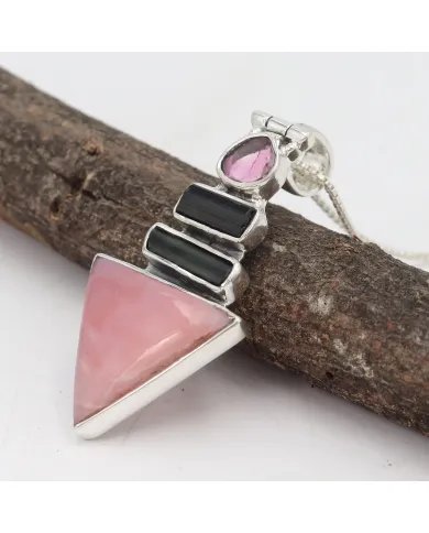 Natural Pink Opal & Tourmaline Pendant – Handmade 925 Sterling Silver Jewelry