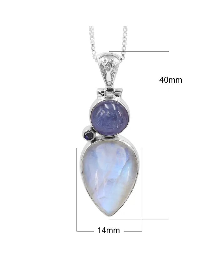 Rainbow Moonstone 925 Silver - Tanzanite and Iolite Gemstone Pendant