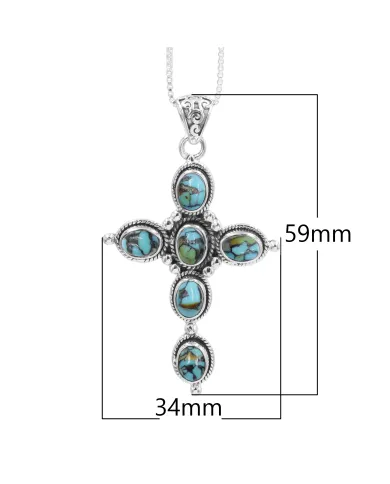 Tibetan Turquoise Cross Pendant - 925 Sterling Silver Necklace
