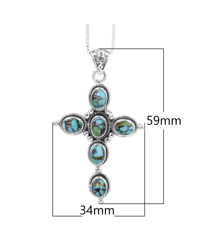 Tibetan Turquoise Cross Pendant - 925 Sterling Silver Necklace