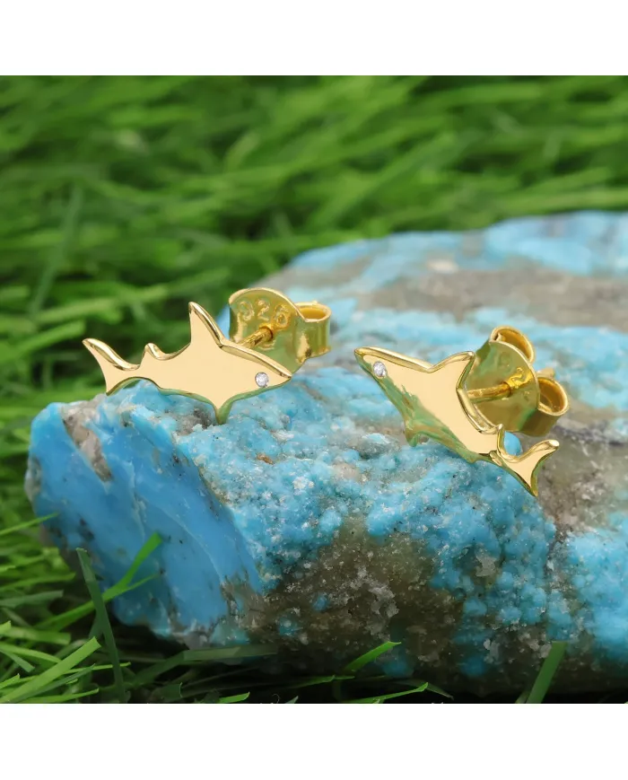 18K Gold Plated Swarovski Crystal Shark Stud Earrings Silver Jewelry