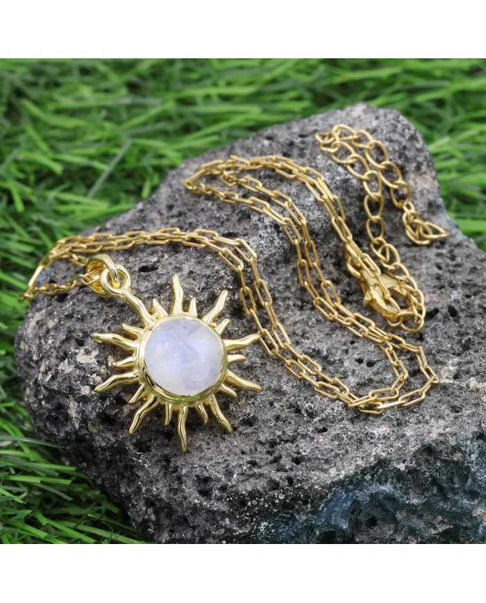 Rainbow Moonstone Carved Face Pendant - Gold Plated 925 Silver Necklace
