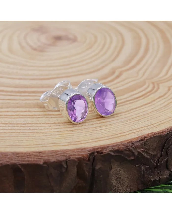 Amethyst Stud Earrings - Handmade 925 Sterling Silver Jewelry