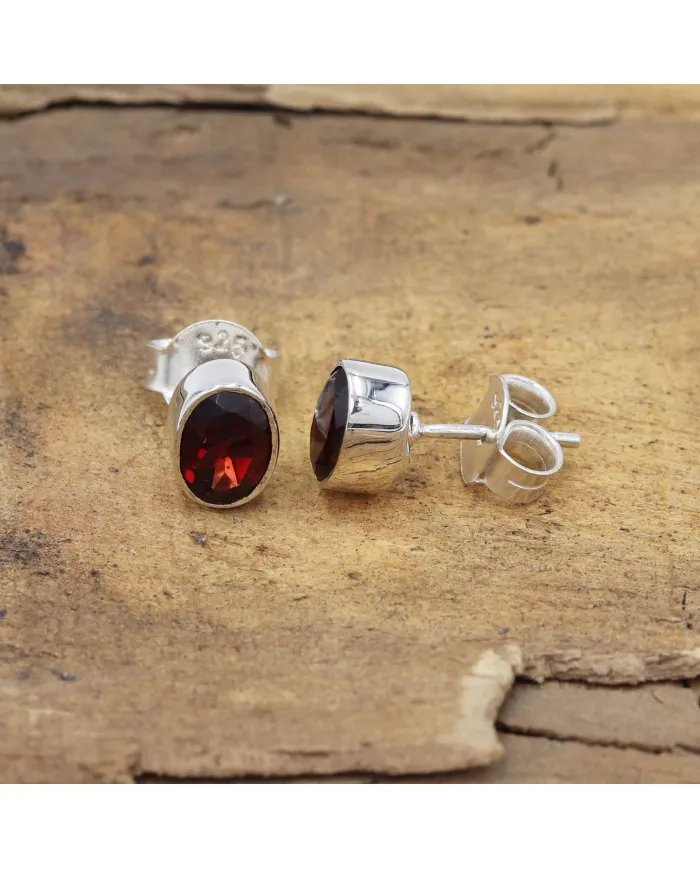 Garnet Stud Earrings - Handmade 925 Sterling Silver Mini Posts Jewelry
