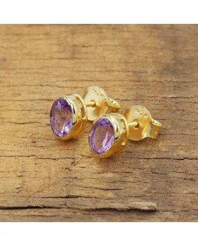 Amethyst Stud Earrings - Handmade Gold Plated 925 Silver Mini Jewelry