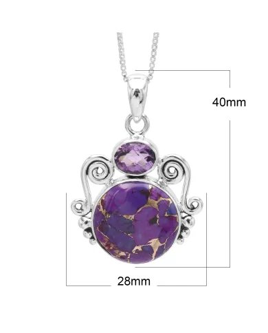 Handmade Purple Copper Turquoise & Amethyst Pendant in 925 Sterling Silver