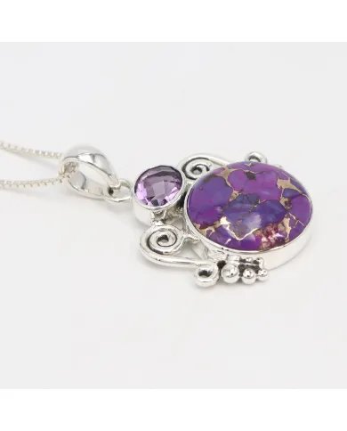 Handmade Purple Copper Turquoise & Amethyst Pendant in 925 Sterling Silver