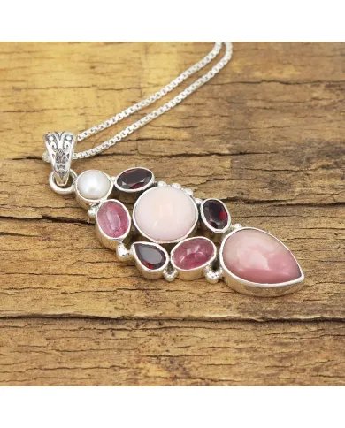 Pink Opal Pendant - Sterling Silver Garnet Tourmaline & Pearl Pendant Handmade Jewelry