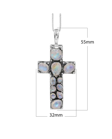 Rainbow Moonstone Cross Pendant Necklace - 925 Sterling Silver Jewelry