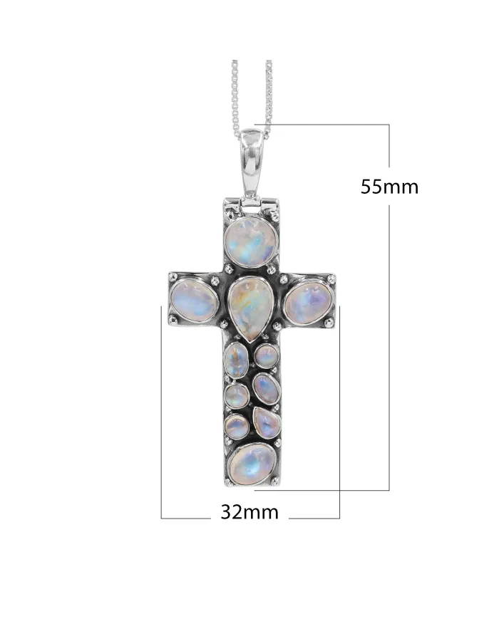 Rainbow Moonstone Cross Pendant Necklace - 925 Sterling Silver Jewelry