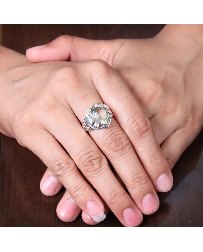 Natural Green Amethyst Ring - Sterling Silver Handmade Gemstone Jewelry