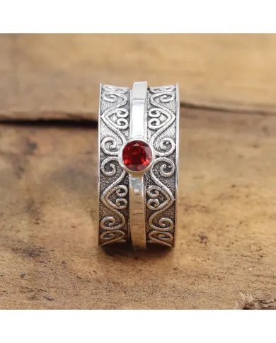 Garnet Wide Band Spinner Ring – 925 Sterling Silver Handmade Jewelry